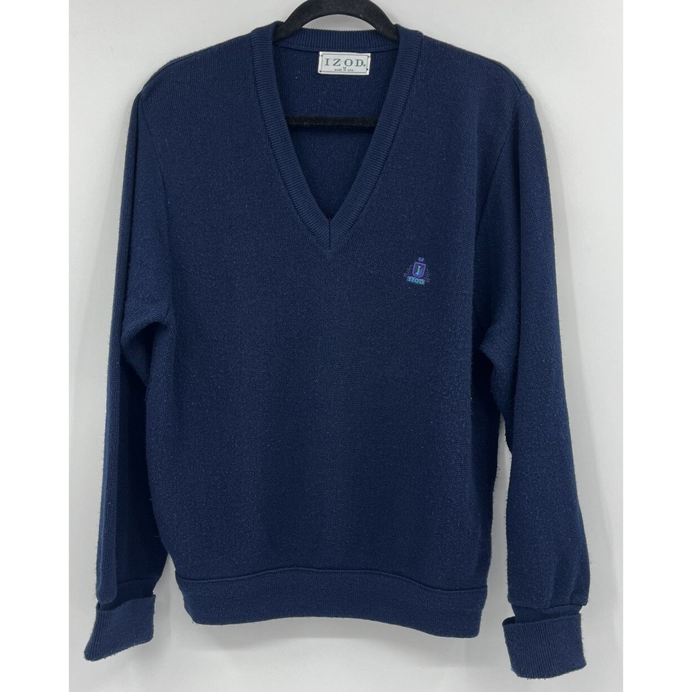 Vintage Izod Navy Blue V-Neck Sweater Size Medium Acrylic Embroidered‎ Crest USA